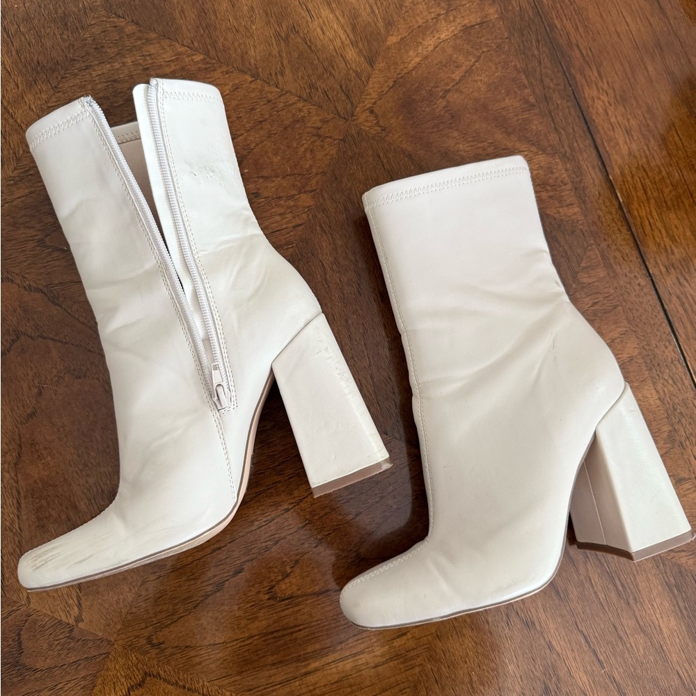 Chunky Heel Cream Ankle Boots